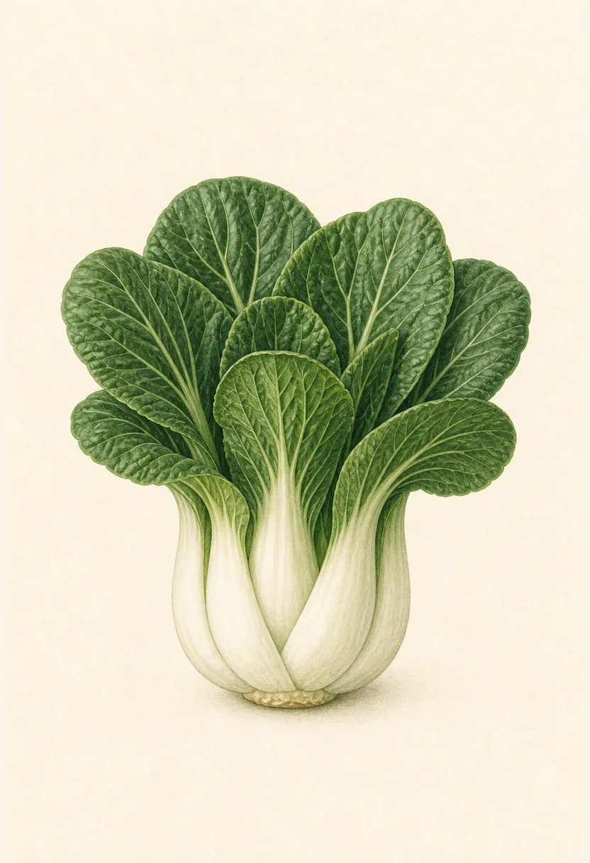 Botanical kitchen print of a whole bok choy with ivory white stems and deep green leaves on warm paper