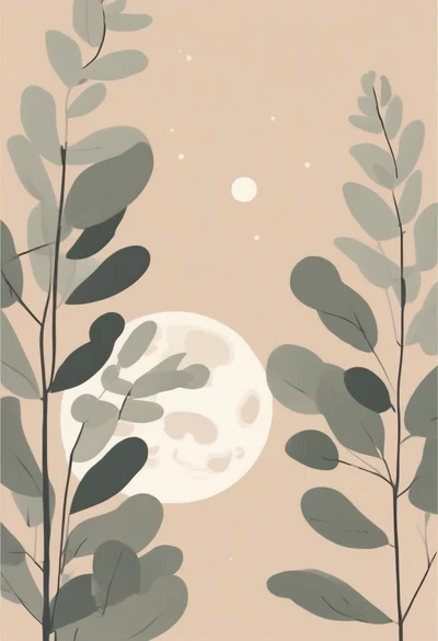 Eucalyptus Moon, a full moon behind eucalyptus