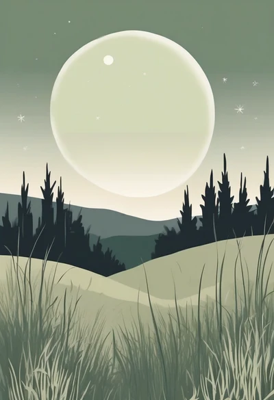 Moonlit Grasses, a wide moon over quiet hills