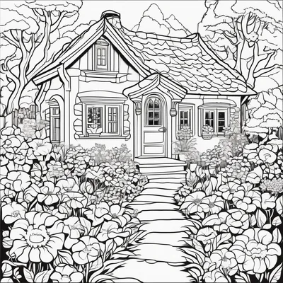 Cottage and meadow coloring page with fine detail