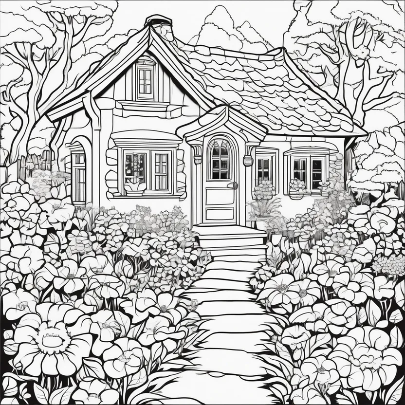 Cottage garden coloring page, a tiled cottage behind a deep bed of flowers with a stone path