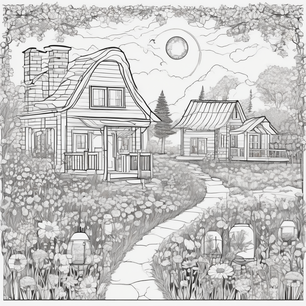 Cottage and meadow coloring page with fine detail