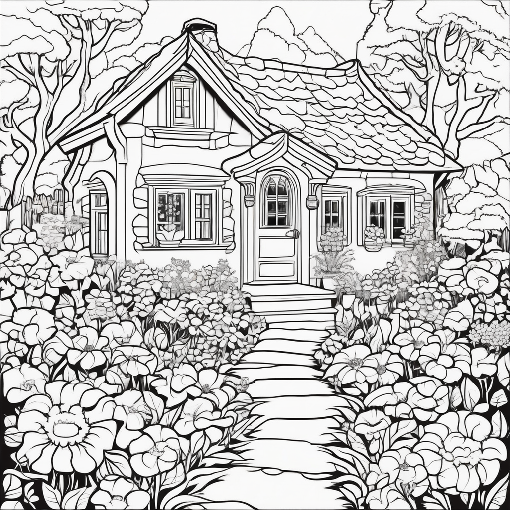 Cottage garden coloring page, a tiled cottage behind a deep bed of flowers with a stone path