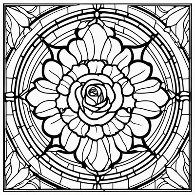 Stained glass coloring page with intricate line work
