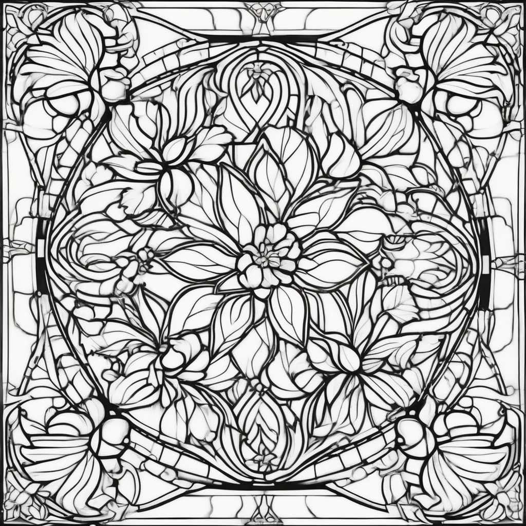 Stained glass coloring page with intricate line work