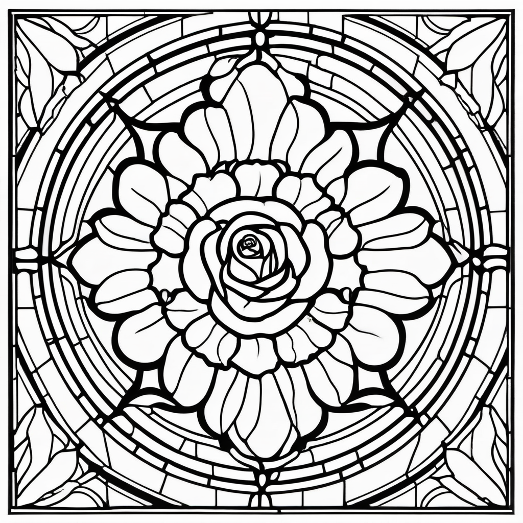 Stained glass coloring page, a rose at the centre of a symmetrical square window pattern