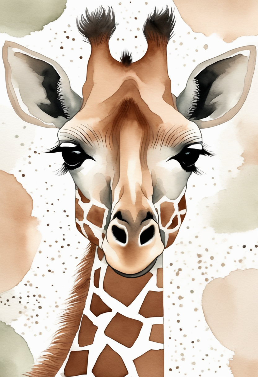 Nursery print of a baby giraffe portrait in chestnut and cream with soft watercolour blooms