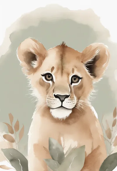 Boho nursery print of a baby lion in warm neutral tones