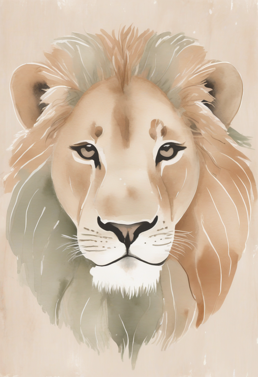 Boho nursery print of a baby lion in warm neutral tones