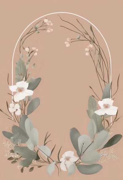 Floral arch wall art, a thin white arch on clay with eucalyptus and white blossom around it