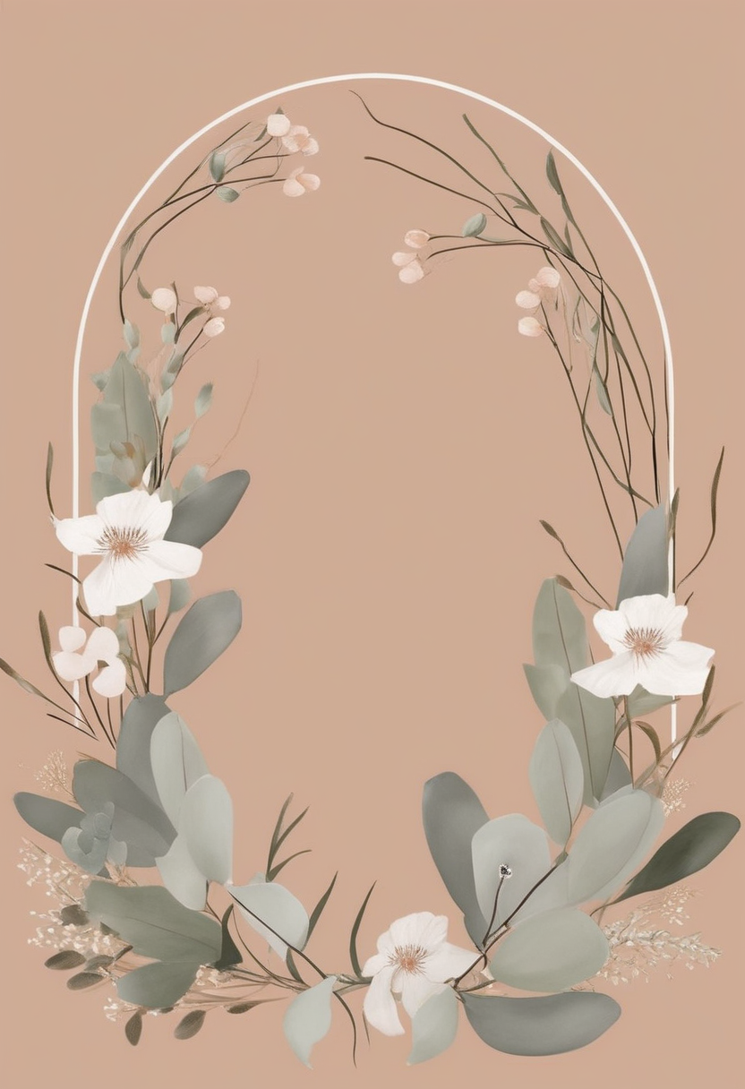 Floral arch wall art, a thin white arch on clay with eucalyptus and white blossom around it