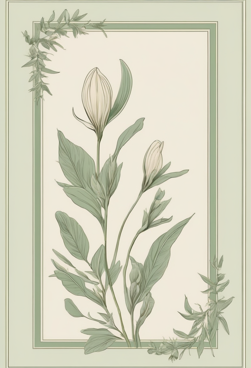 Botanical frame wall art, a ruled sage border with a single stem and two closed buds