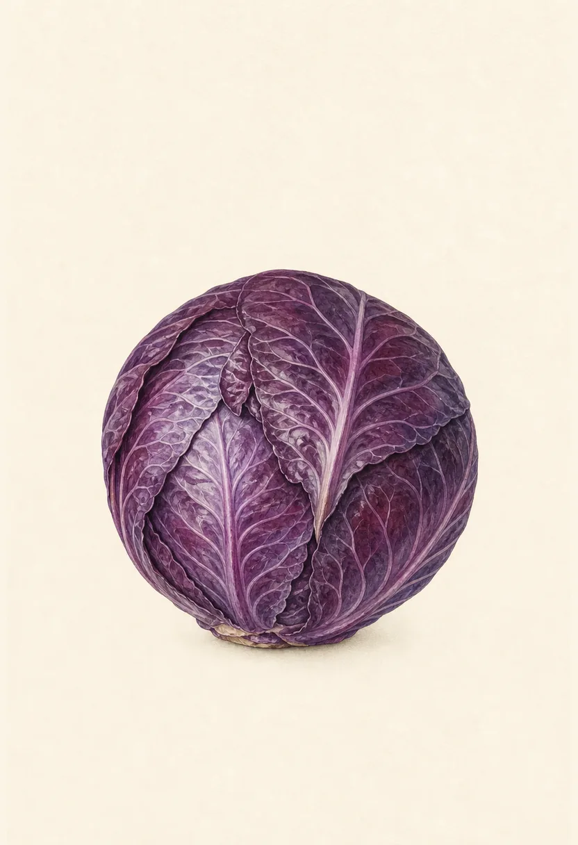 Botanical kitchen print of a compact red cabbage in aubergine and burgundy on warm ivory paper
