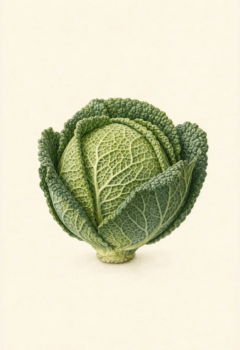Botanical kitchen print of a whole Savoy cabbage with dark crinkled leaves on warm ivory paper